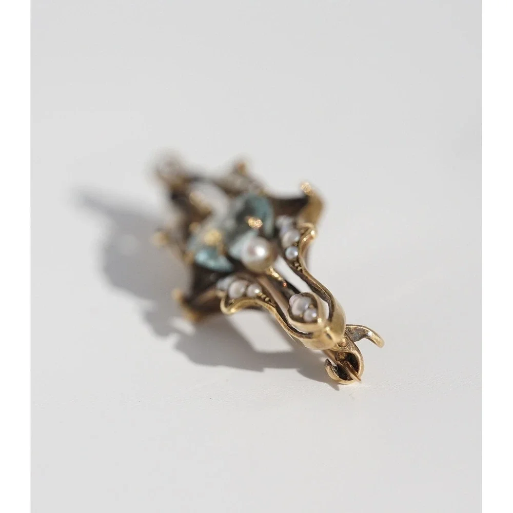 Antique Edwardian 14k Gold Aquamarine Seed Pearl Bar Brooch Art Nouveau c1905 - Picture 5 of 12